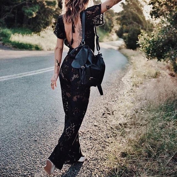 Spell Pants - Spell Fleetwood Black Crochet Flare-Leg Jumpsuit